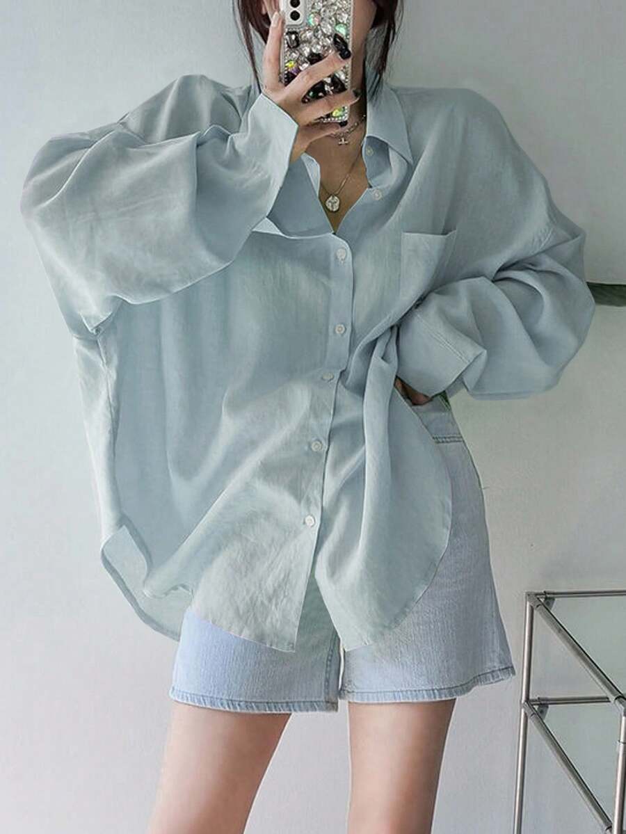 DAZY Women's Solid Color Oversized Casual Shirt With Collar,Fall Clothes Long Sleeve Top - Dusty Blue - View 1