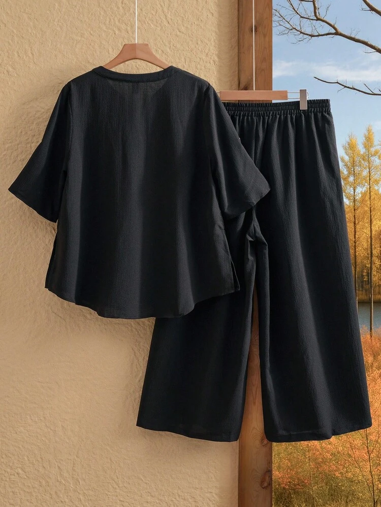 Plus Notched Neck Roll Tab Sleeve Top & Wide Leg Pants