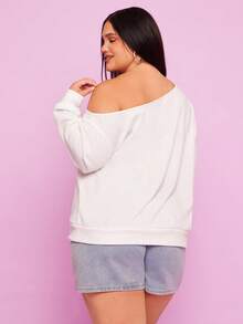 Mean Girls | SHEIN Plus Size Women Casual Lip & Letter Print Asymmetrical Neck Loose Pullover Sweatshirt, Fashion Street Style, Spring/Autumn - White - View 2