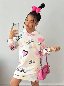SHEIN 少女休闲宽松舒适字母图案卫衣，中长款，秋冬款 - 米色 - 查看 7
