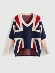 ROMWE J-Fashion Y2K 复古宽松蝙蝠袖国旗图案女式毛衣 - 藍色 - 查看 1