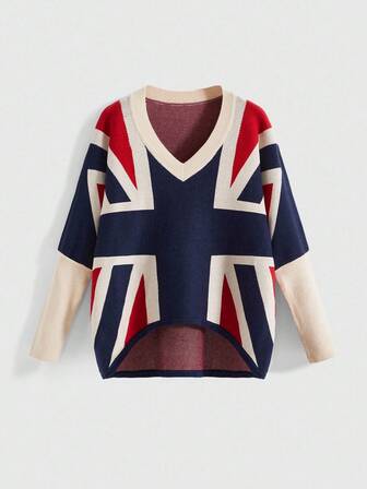 J-Fashion Y2K Retro Loose Batwing Sleeve Sweater With National Flag Design For Women