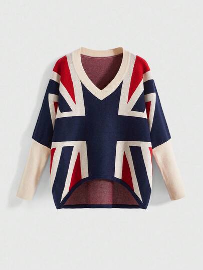 J-Fashion Maglione oversize con maniche a pipistrello in stile retrò Y2K con design a bandiera nazionale per donna