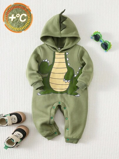 SHEIN Baby Boys Baby Dinosaur Costume Outfit Set, Thermal Lined Hooded Long Sleeve Jumpsuit, Cute Dinosaur Pattern Basic Casual Comfortable Suitable For Indoor, Outdoor, Daily Wear, Sports, Play, Party Festival, Christmas, New Year, Halloween
