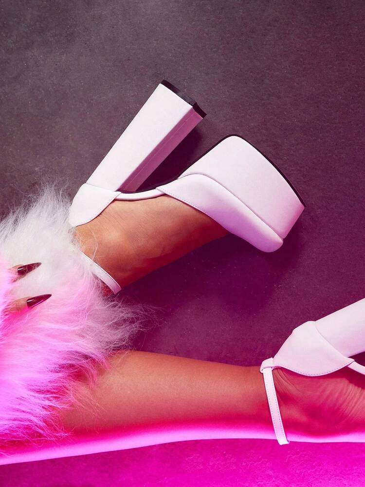 CUCCOO LuxiPop White Women's High Heels, Square Head With Simple One-Word Buckle Ankle Strap, Neat Lines And Atmosphere, Thick Heel Design Interprets Modern Fashion Sense, The Overall Shape Is Elegant, Suitable For Weddings, Banquets, Parties And Other Fashion Occasions