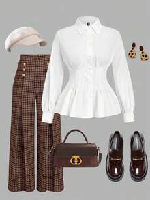 SHEIN MOD 大码纯色褶腰长袖衬衫\女士优雅纯色褶腰长袖衬衫、秋季上衣、女式工作上衣 - 白色 - 查看 1