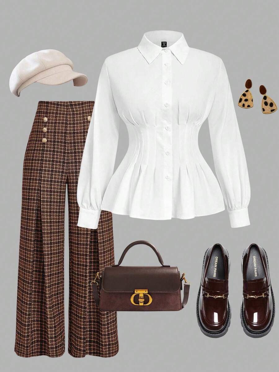 SHEIN MOD 大码纯色褶腰长袖衬衫\女士优雅纯色褶腰长袖衬衫、秋季上衣、女式工作上衣 - 白色 - 查看 1