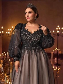 Glamrae 大码优雅浪漫深色蕾丝拼布透明长袖 A 字形正式晚礼服 - 黑色 - 查看 4