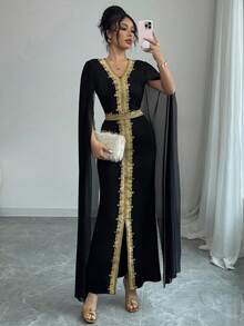 Rafferiza 刺绣金色编织腰带 V 领收腰开衩袖修身披肩领女式连衣裙 - 黑色 - 查看 7