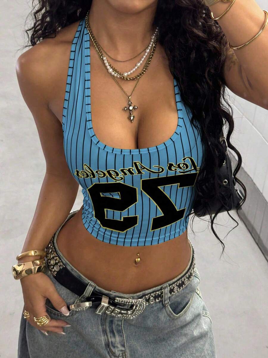 StreetHx Women's English Text & Striped Print Street Style Tank Top - Blue - View 1