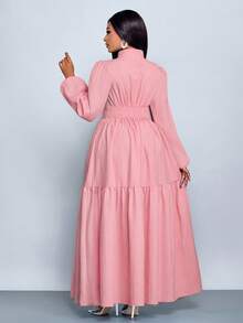 SOLERSUN Vestido largo de línea A con cinturón, de manga larga, cuello mao, abertura frontal, botón de lágrima, diseño de alta gama, para mujer talla grande, color rojo sólido, holgado, elegante, cómodo, casual, apropiado para uso diario, Año Nuevo, otoño, invierno, fiestas, citas, Navidad, 2026, Año Nuevo, San Valentín, verano, rosa