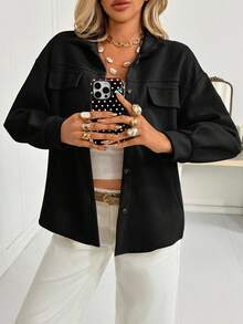 SHEIN Essnce Button Front Drop Shoulder Solid Coat In Fall/Winter - Black - View 1