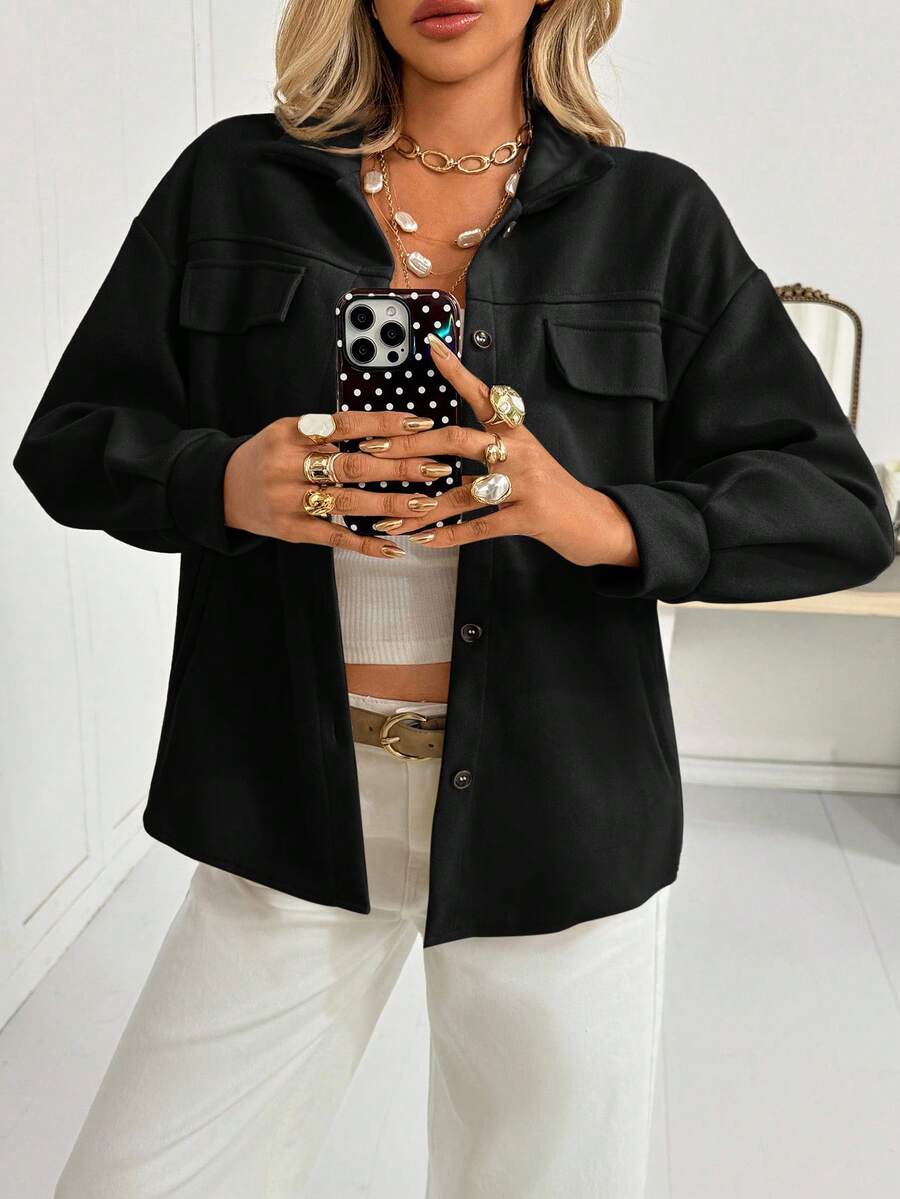 SHEIN Essnce Button Front Drop Shoulder Solid Coat In Fall/Winter - Black - View 1