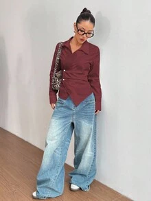 SHEIN MOOSTA 女士时尚休闲交叉领带收腰长袖衬衫 - 酒紅色 - 查看 4