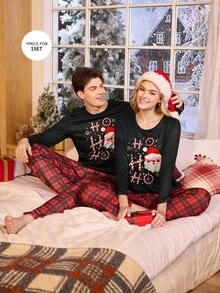 CoupledUp 情侣款圣诞老人格子撞色长袖上衣和裤子男士睡衣套装 情侣睡衣套装 圣诞主题睡衣套装 节日睡衣套装 情侣圣诞睡衣 圣诞睡衣套装 情侣睡衣套装 圣诞老人睡衣睡衣套装 格子睡裤，秋冬服装 - 彩色 - 查看 4