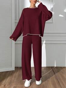 EURMUSE Women Hand Stitch Detailed Round Neck Sweater And Sweater Pant 2 Pieces Outfit Set Co-Ords - Burgundy - View 4