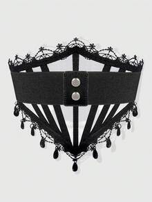 ROMWE Grunge Punk 1pc Women's Black Mesh Lace Rhinestone Pendant Tie-Up Decor Elastic Waist Belt Corset Dress Accessory, Goth Style For Halloween Costume - Black - View 5