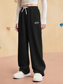 JNSQ 青少年女孩超大弹性腰带运动衫和裤子套装，趣味字母印花长款运动裤，适合秋冬日常穿着、户外活动、度假、街头服饰、派对和休闲 - 黑色 - 查看 3