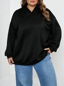 SHEIN CURVE+ 大码女式黑色长袖连帽休闲宽松运动衫，适合秋冬季 - 黑色 - 查看 4