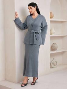 Veilorie Elegancki, dopasowany damski zestaw bezrękawnik i kardigan, 2 sztuki, jesienno-zimowe ubrania dla kobiet - Szary - Zobacz 3