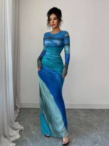 Rafferiza Đầm Maxi Cổ Tròn Tay Dài In Họa Tiết Ombre Cho Nữ - Nhiều màu - Xem 4