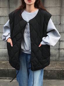 FRIFUL 女款黑色純色繫帶式羊羔毛內裡圓領口袋裝飾縫線加厚背心外套，秋冬女款校園外套 - 黑色 - 查看 6