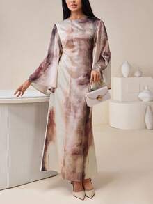 Veilorie 女士扎染印花圆领喇叭袖修身鱼尾下摆优雅阿拉伯风连衣裙 - 卡其色 - 查看 2