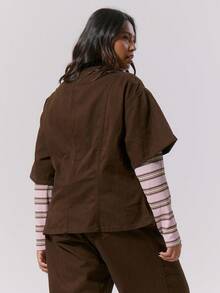 MUSERA قميص جينز بأكمام قصيرة وتفاصيل لوحة الخياطة مع إغلاق بأزرار، مناسب للشتاء والعودة إلى المدرسة والمظهر الجميل والاستخدام اليومي والكاجوال، مقاس كبير - بني - مشاهدة 4