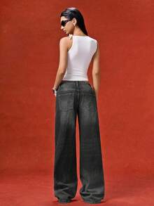 LYSMO Quần jean ống đứng dáng rộng màu trơn thường ngày có đai thắt lưng cho nữ - màu đen - Xem 2