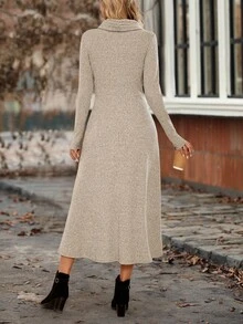 EMERY ROSE Women's Casual Solid Color Long Sleeve Dress, Autumn/Winter - Apricot - View 2