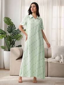 Al Najma 2025年夏季女款中东简约花卉印花短袖阿拉伯连衣裙 - 綠色 - 查看 4