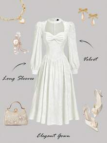 SHEIN MOD 女士优雅纯色镂空灯笼袖中长连衣裙 - 白色 - 查看 1