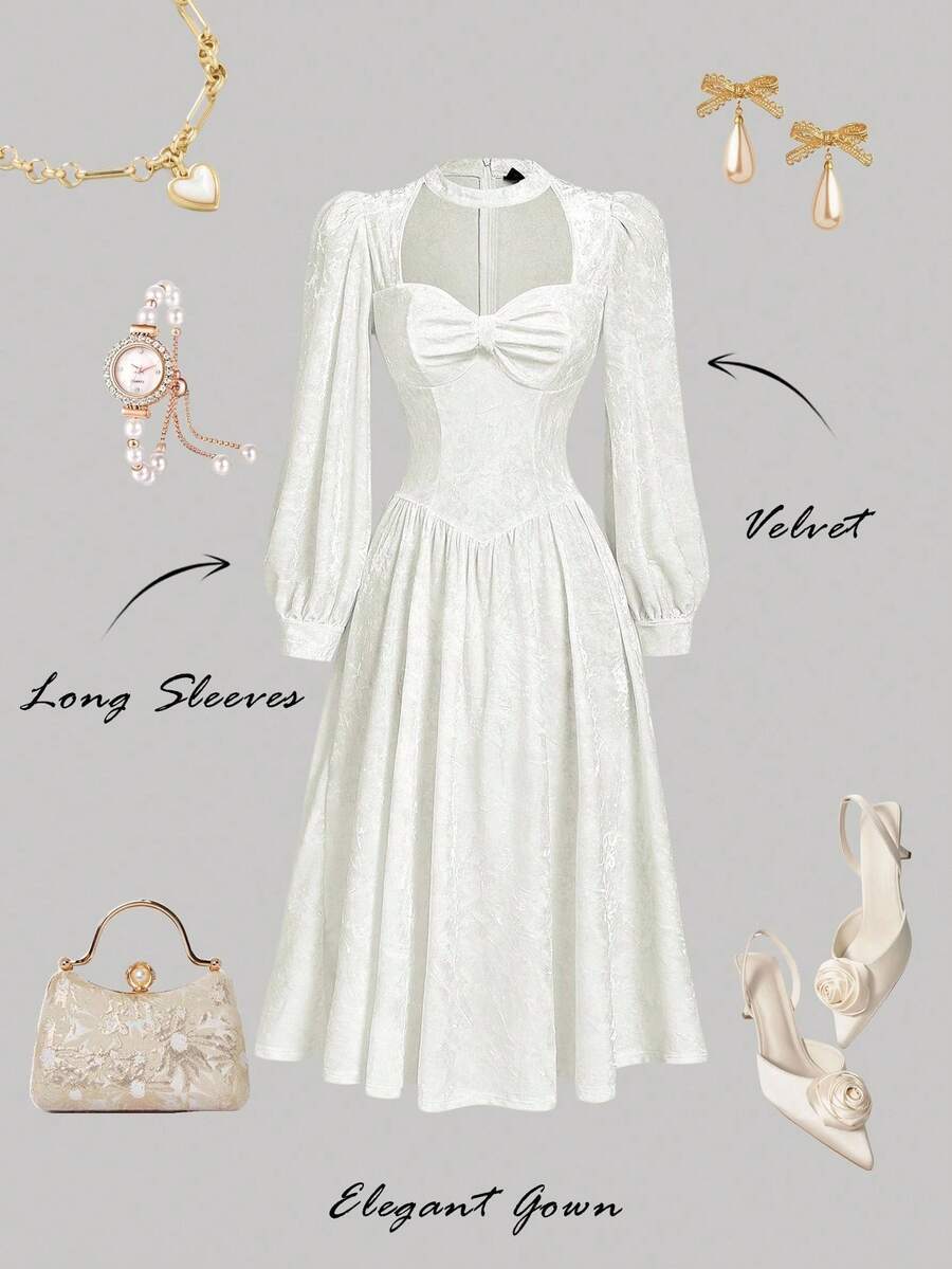 SHEIN MOD 女士优雅纯色镂空灯笼袖中长连衣裙 - 白色 - 查看 1