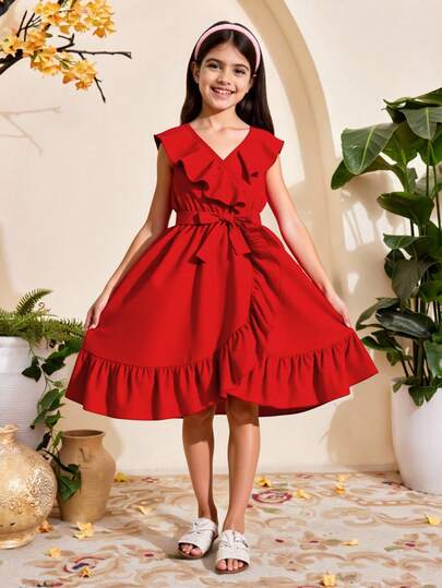 SHEIN 女孩荷葉邊圍裹式連衣裙