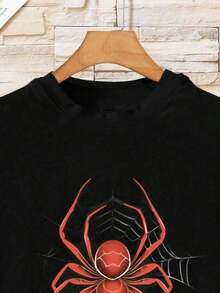 SHEIN Young Boy Summer Spider Printed Round Neck Casual Short Sleeve T-Shirt - Black - View 3