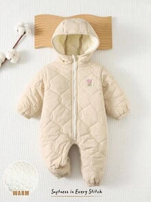 Cozy Pixies 1件女嬰連帽雪地連身衣，白色冬季花卉連身褲附配套手套，保暖內裡羽絨外套，女童端莊戶外冬季服飾 - 米色 - 查看 3