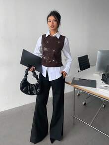 Siren Gaze 休闲宽松圆领短款镂空女式毛衣背心秋冬女士衣服 - 棕色 - 查看 2
