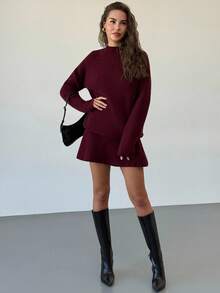 Aloruh Soft Ribbed Knit Two Pieces Set, Mock Neck Long Sleeve Sweater & Mini Skirt Casual Spring Outfits For Women - Burgundy - View 5