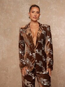 Lumalex 秋冬季亮片串珠天鹅绒拼接肩垫女士西装外套棕色西装外套女士棕色两件套女士套装棕色外套西装裙套装魅力优雅连衣裙秋季新款 - 黑色 - 查看 2