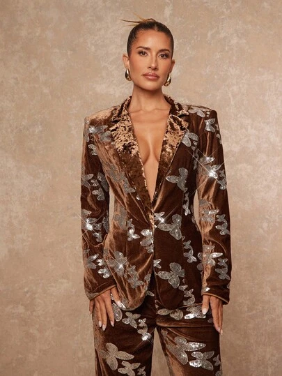 Lumalex 秋冬季亮片串珠天鹅绒拼接肩垫女士西装外套棕色西装外套女士棕色两件套女士套装棕色外套西装裙套装魅力优雅连衣裙秋季新款