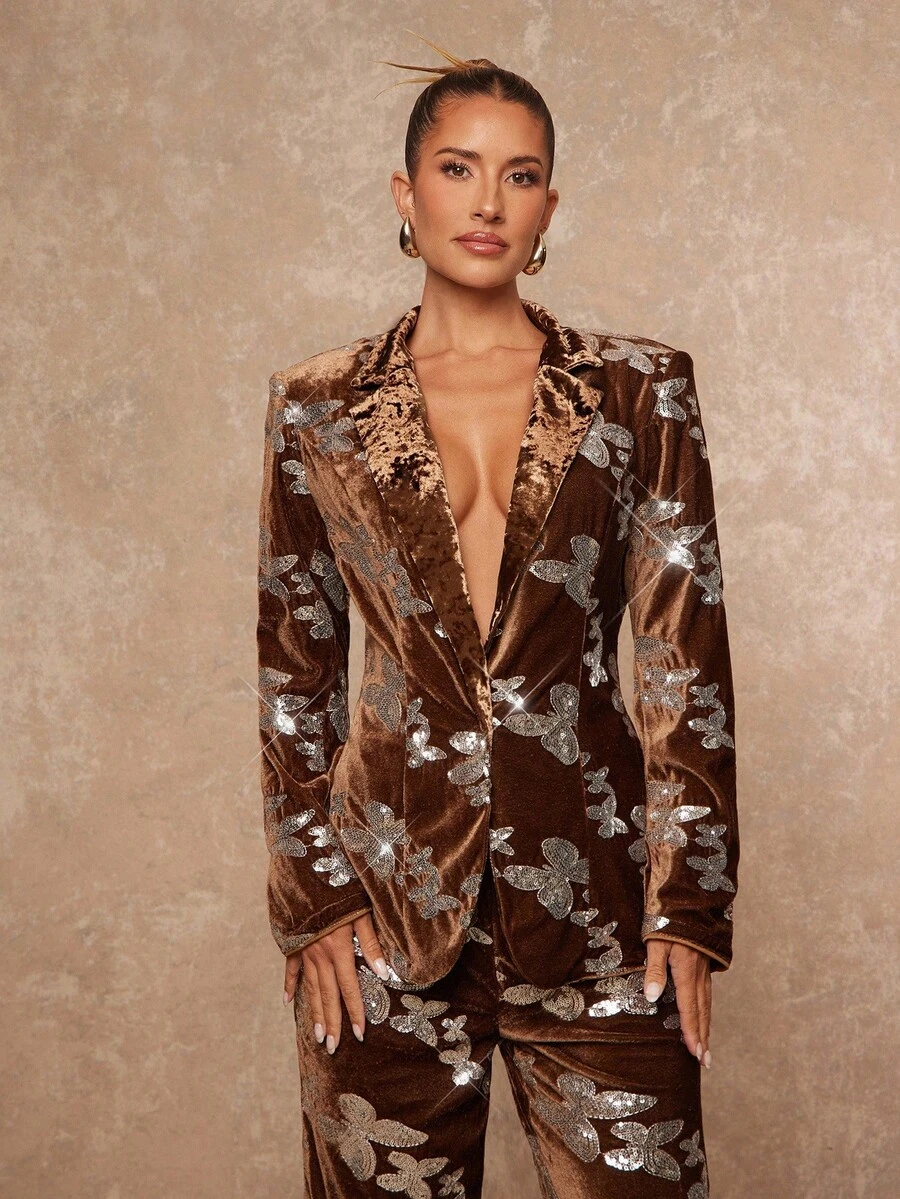 Lumalex 秋冬季亮片串珠天鹅绒拼接肩垫女士西装外套棕色西装外套女士棕色两件套女士套装棕色外套西装裙套装魅力优雅连衣裙秋季新款