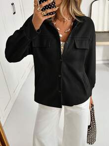 SHEIN Essnce Button Front Drop Shoulder Solid Coat In Fall/Winter - Black - View 3