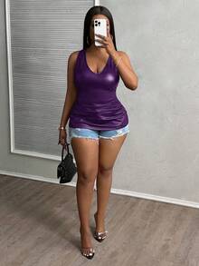 Slaydiva Plus Size Women Tight Fit Deep V-Neck Ruched PU Camisole - Purple - View 6