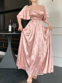 DAZY 夏季婚礼和派对礼服，方领设计，褶皱，高端缎面花卉提花中长连衣裙，适合女士 - 粉色 - 查看 3