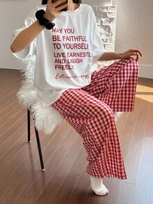 DAZY Letter Graphic Print Decor Loose T-Shirt Top And Checkered Straight Leg Pants Homewear Set Pajama - White - View 5