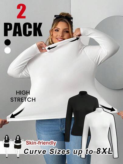SHEIN CURVE+ 大码女款两件套高领紧身长袖打底T恤套装适合秋冬季节。黑白T恤两件套