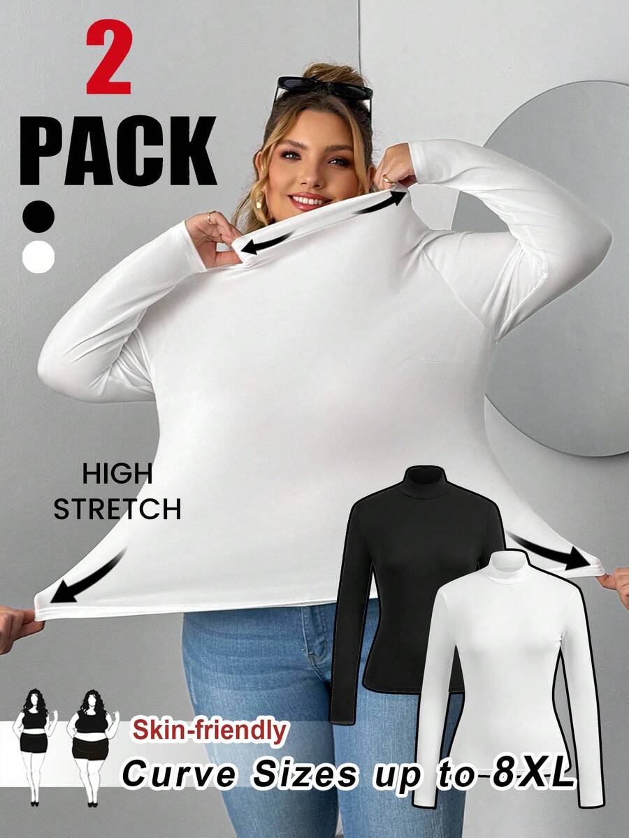 SHEIN CURVE+ 大码女款两件套高领紧身长袖打底T恤套装适合秋冬季节。黑白T恤两件套 - 黑與白 - 查看 1