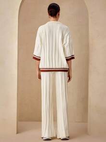 Modelyn 女式 Polo 领短袖针织毛衣和阔腿裤两件套，休闲宽松，时尚百搭针织装 - 杏色 - 查看 2