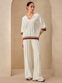 Modelyn 女式 Polo 领短袖针织毛衣和阔腿裤两件套，休闲宽松，时尚百搭针织装 - 杏色 - 查看 3