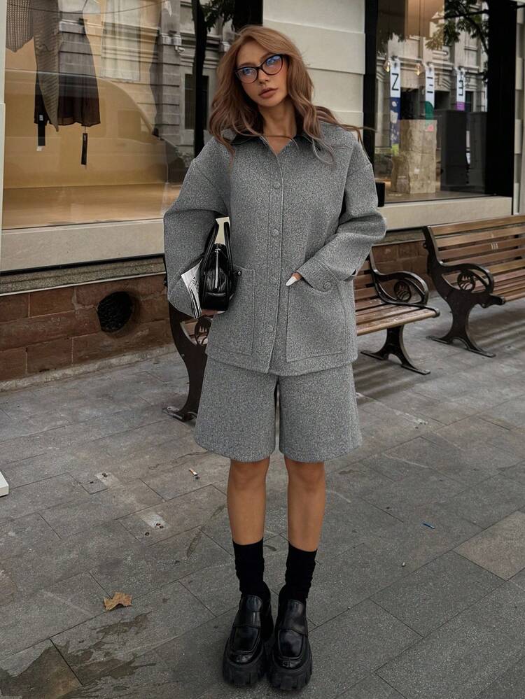 Women's Casual Lapel Loose Jacket And Shorts 2 Pieces Set, Autumn Lounge Sets For Women